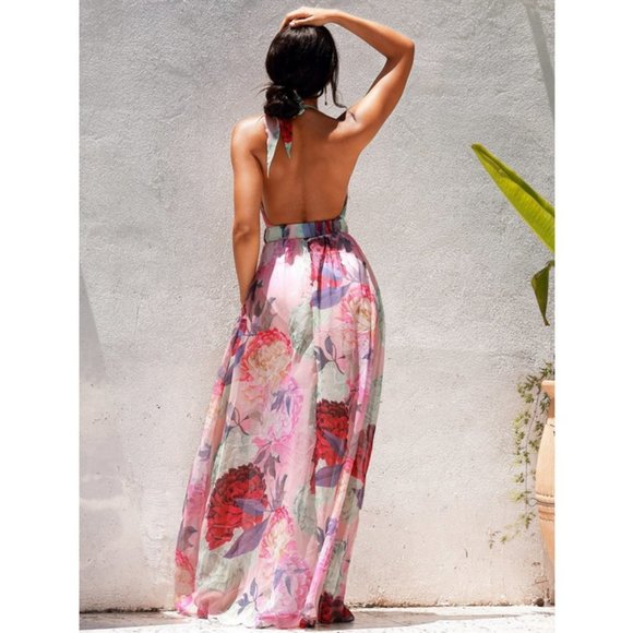 Stunning Floral Plunging Neck Backless Split Thigh Chiffon Maxi Dress - Picture 6 of 7